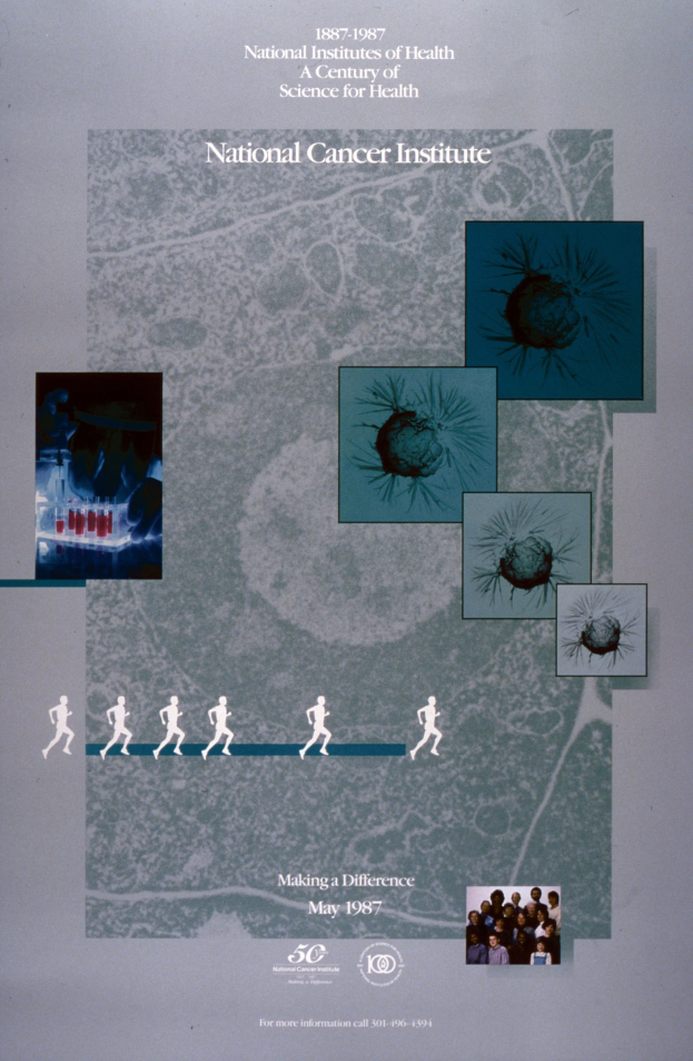 Buntes Plakat mit einem blauen Hintergrund und weißer Schrift, die in fetten Großbuchstaben "National Cancer Institute" liest, umgeben von überlappenden Kreisbildern von lachenden Menschen verschiedenen Alters, Geschlechts und Ethnien.