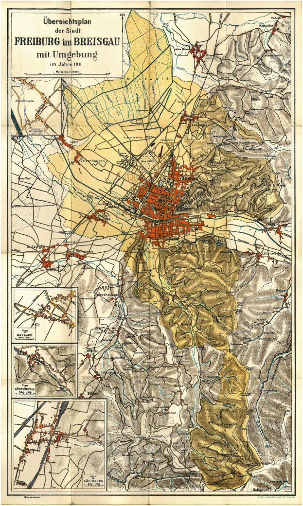 Ein detailliertes altes Stadtplan von Freiburg, Deutschland, mit Straßen, Gebäuden und Sehenswürdigkeiten, und Text oben und unten.