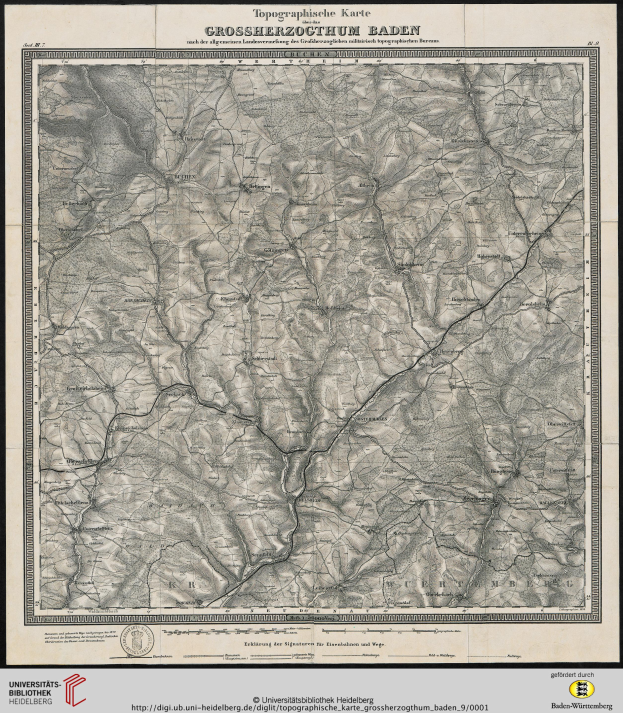 Ein gerahmter topografischer Stadtplan von Baden-Württemberg, Deutschland, der Geländeformen, Höhenmeter und geografische Merkmale mit Textbeschriftungen zeigt.