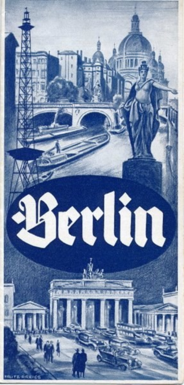 Plakat, das Berlin, Deutschland, mit einer Statue, Gebäuden, einem Turm, Menschen, Fahrzeugen auf einer Straße, einer Brücke und Text mit Stadtinformationen anpreist.