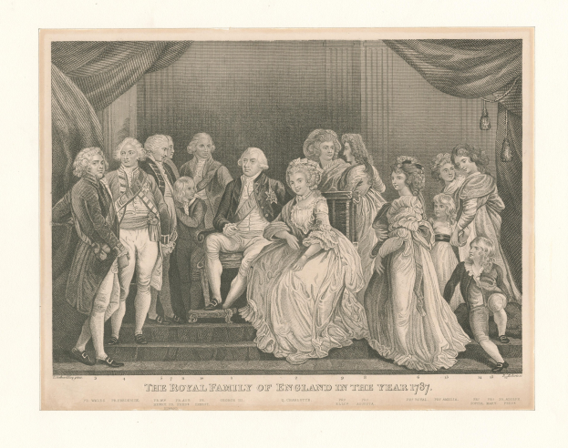Eine Gruppenporträt der englischen Königsfamilie im Jahr 1787, posierend auf einer Treppe mit Vorhängen im Hintergrund, begleitet von Text am unteren Rand.