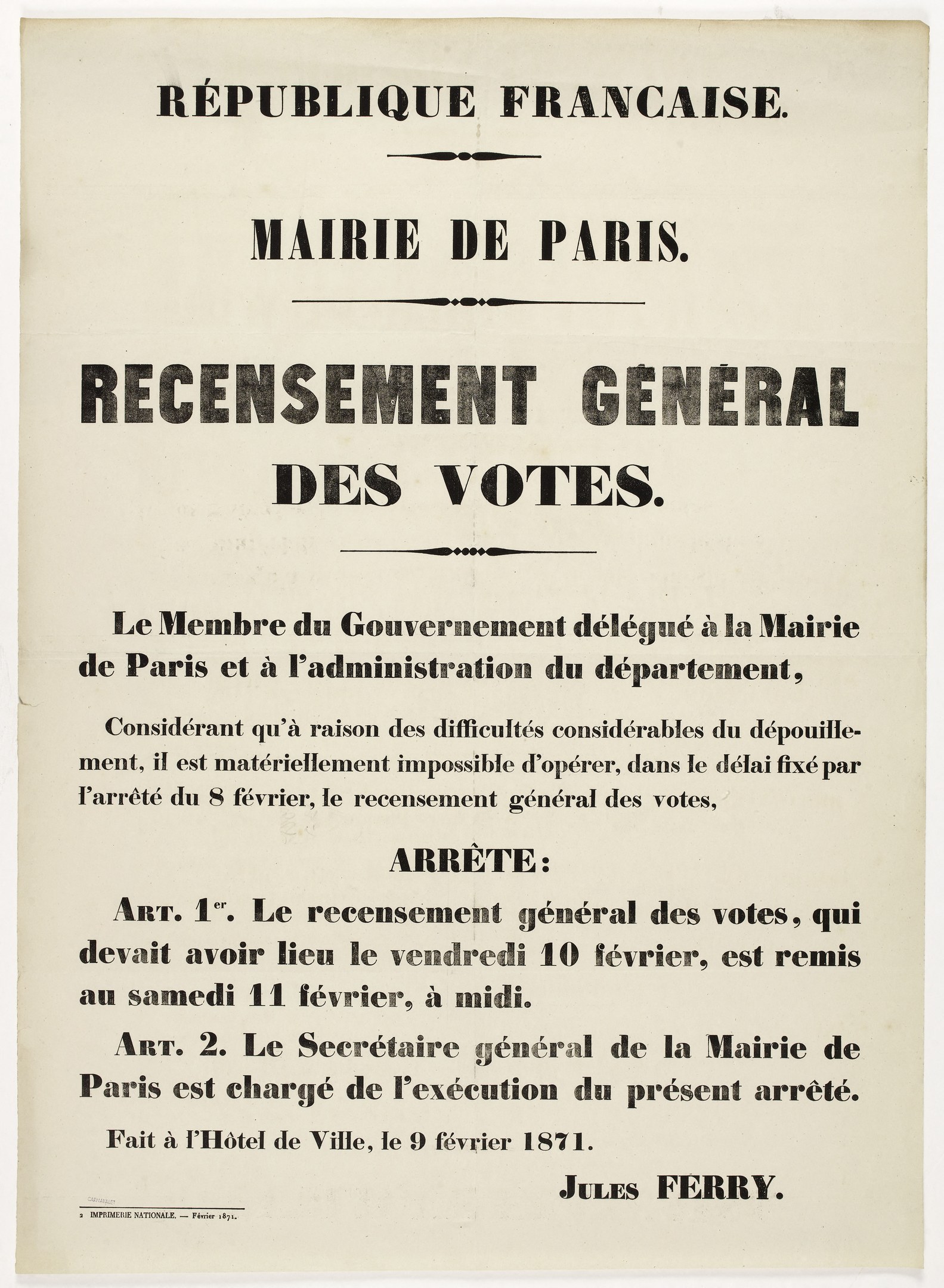 Plakat mit der Aufschrift "Recensement Général des Votes" im Zusammenhang mit einer allgemeinen Wahl in der Republik Frankreich.
