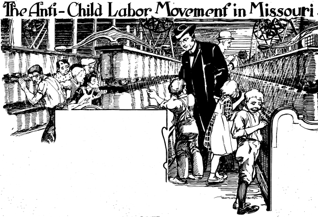 Plakat für die Anti-Kinderarbeit-Bewegung in Missouri, das bedürftige Menschen in traditioneller Kleidung mit Text oben und unten zeigt.