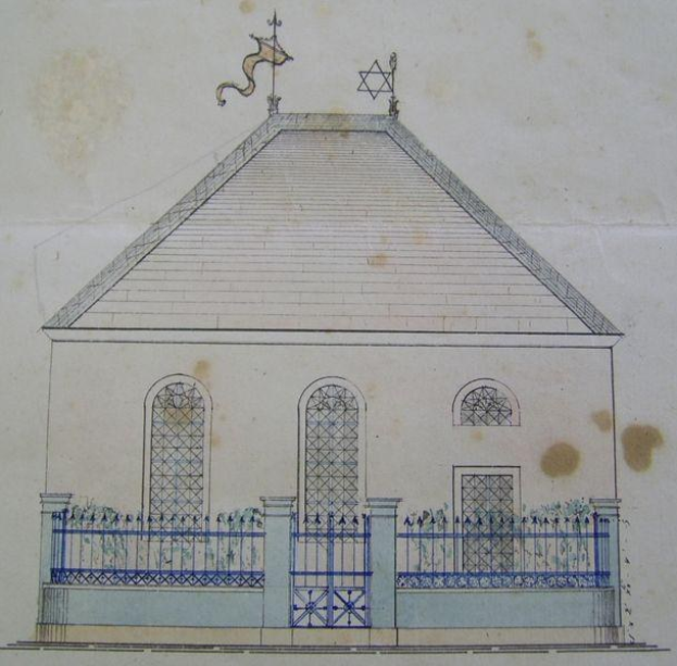 Eine Zeichnung eines Gebäudes mit einem Zaun und einem Stern oben, bei dem es sich mutmaßlich um eine Synagoge in Jerusalem handelt, mit Fenstern, einem Geländer und Text unten.