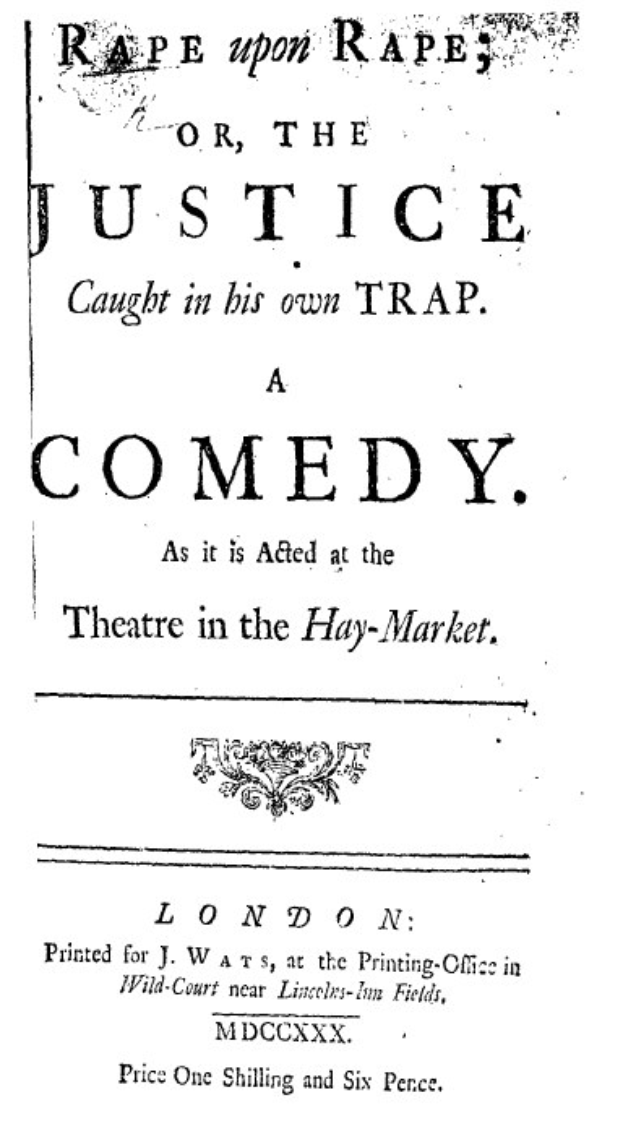 Schwarzes und weißes Plakat mit der Aufschrift "Vergewaltigung auf Vergewaltigung oder die Gerechtigkeit, die in ihrer eigenen Falle gefangen ist" in fetter schwarzer Schrift, wahrscheinlich Werbung für eine Comedy-Show.