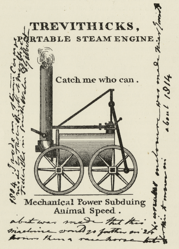 Eine Zeichnung eines Dampfwagenfahrzeugs mit einem großen zentralen Rad und zwei kleineren Seitenrädern, beschriftet mit "Trevithicks Portable Steam Engine" in fetter Schrift mit einem dekorativen Rahmen.