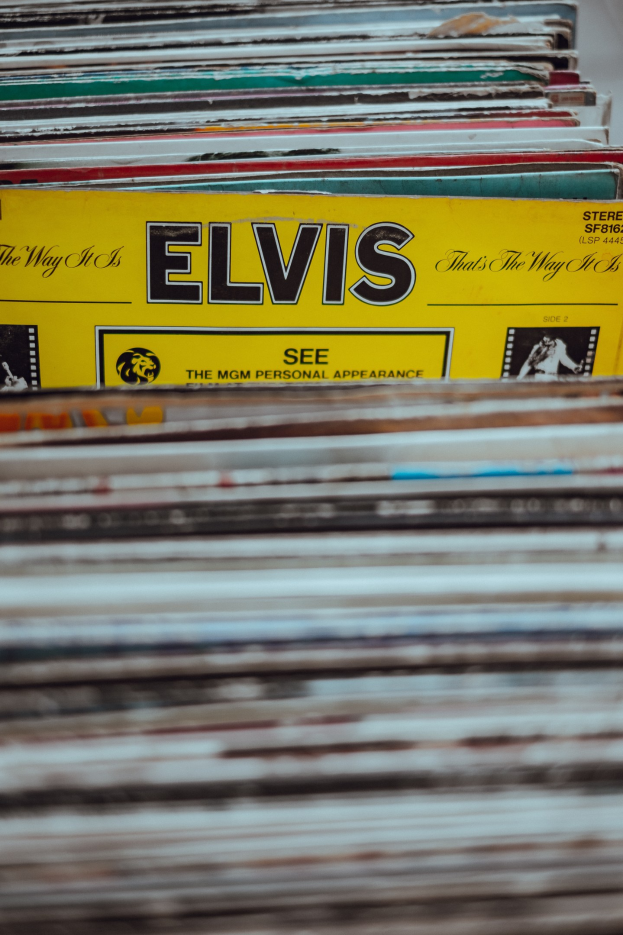 Ein Stapel Elvis-Presley-Platten ordentlich auf einem Tisch gestapelt, mit etwas Überlappung und sichtbaren Titeln, vor einem leicht unscharfen Hintergrund.