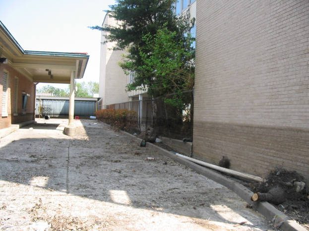 Häuser rechts und links, Bäume oben und ein Netz als Grenze in der Mitte des Bildes.