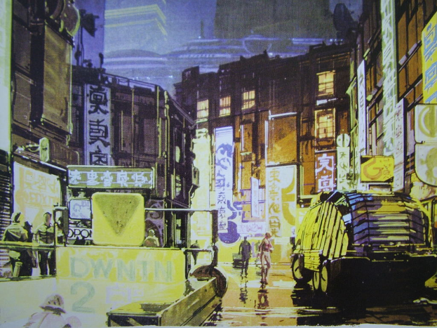 Ein bearbeitetes Bild, das eine belebte Stadtkulisse mit Menschen, Fahrzeugen, Gebäuden, Plakaten, Text, Straße, Fenstern, Schildern, U-Bahn und Lichtern zeigt.