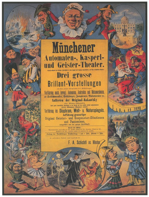Alter deutscher Filmplakat für "Münchener Automaten-Kasperl- und Geister-Theater" mit einer Gruppe von Menschen in bunten Kostümen umgeben von Text.