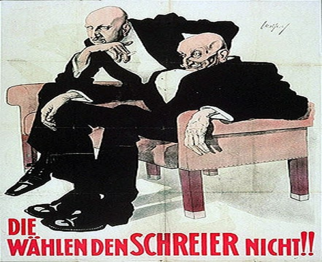Deutsches Propagandaplakat für die Nationalsozialistische Deutsche Arbeiterpartei, das zwei Männer auf einem Sofa zeigt.