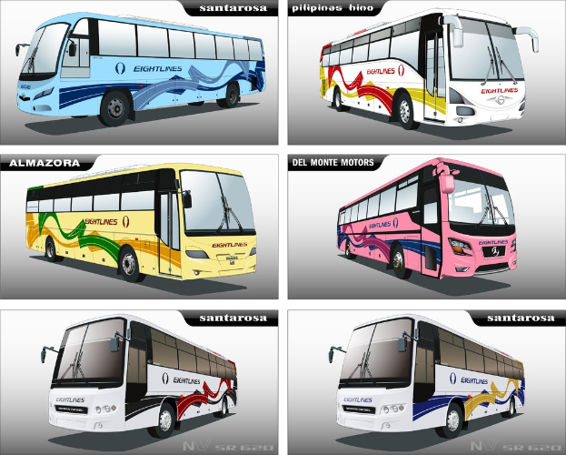 Sechs Busse auf einer Straße mit dem Text "Bearbeitetes Foto" darüber.