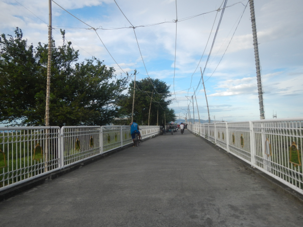 Eine Fußgängerbrücke mit Radfahrern, Geländern, Strommasten mit Kabeln, Bäumen und einem bewölkten Himmel im Hintergrund.