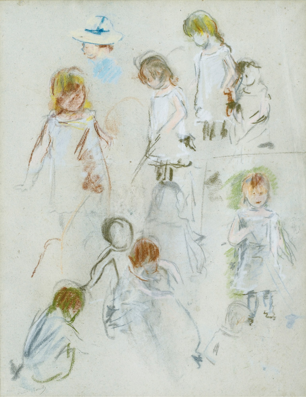 Ein buntes Bild auf Papier zeigt fröhliche Kinder, die in einem Feld spielen, eines trägt eine Mütze und hat ausgebreitete Arme.