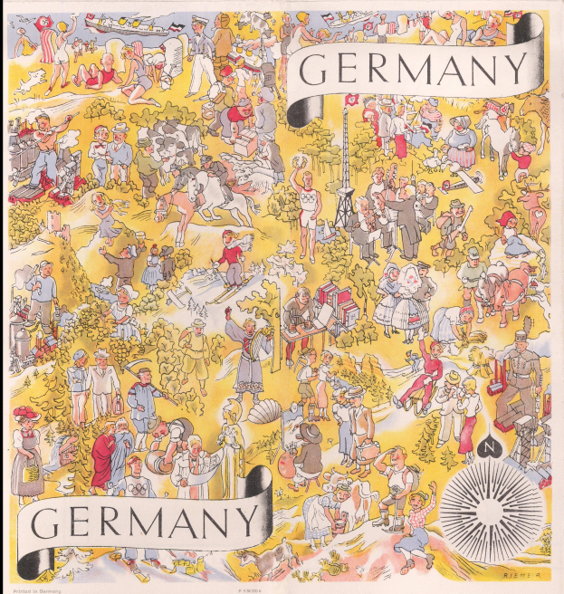 Ein Plakat mit schwarzem Hintergrund, das eine Karte von Deutschland zeigt, auf der zahlreiche Menschen zu sehen sind.