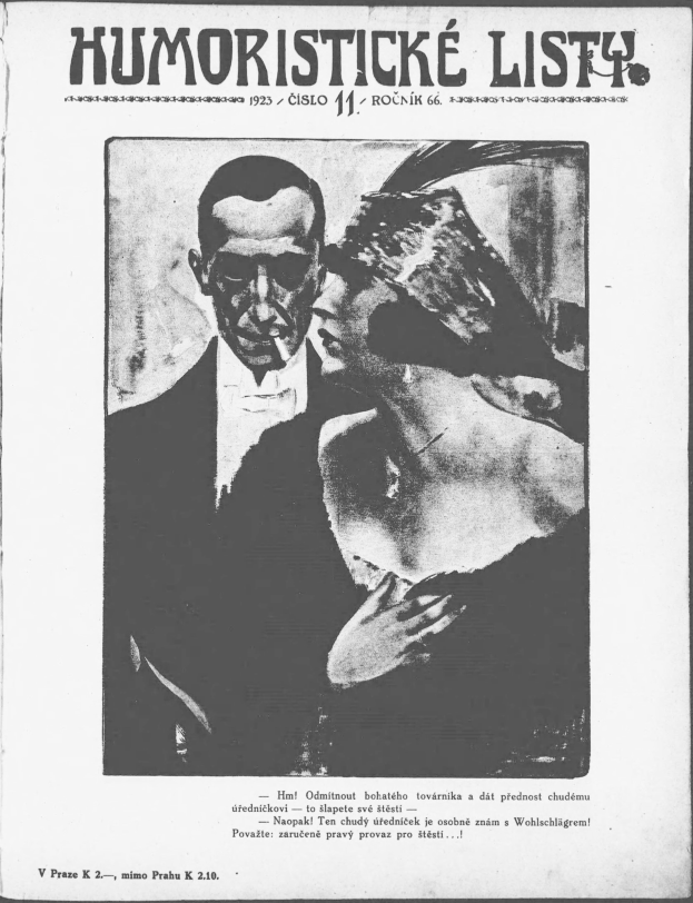 Schwarz-weißes Magazin-Cover mit der überschrift 'Humoristische Liste', das einen Mann in einem Anzug mit ernstem Gesichtsausdruck und eine Frau zeigt, die mit einem leichten Grinsen wegsieht.