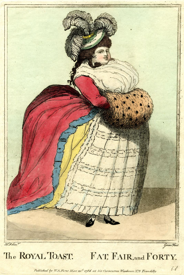 Eine Frau in einem farbenfrohen, gemusterten Kleid und einer Federhaube steht königlich, Hände verschränkt, mit der Aufschrift "The Royal Toast, Fat Fair and Forty" unten.
