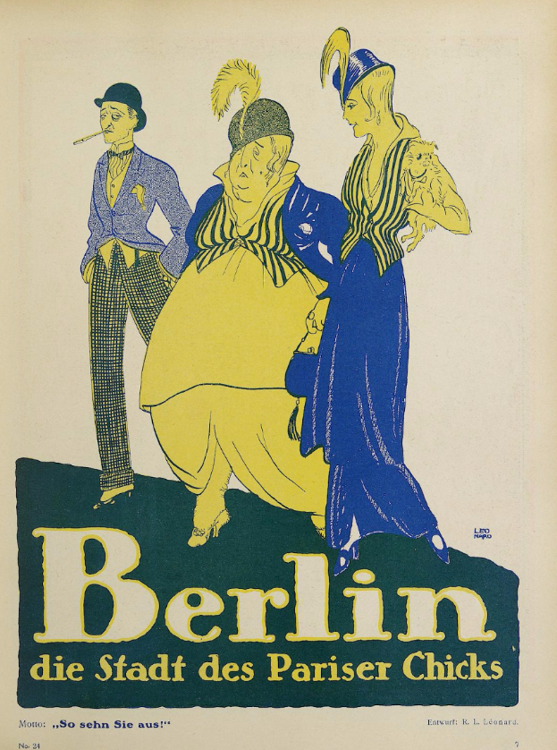 Ein Plakat, das ein Konzert in Berlin, Deutschland, ankündigt, mit einer Gruppe bunt gekleideter Menschen vor einem Gebäude, darüber der Text 'Berlin - Die Stadt des Pariser Chicks'.