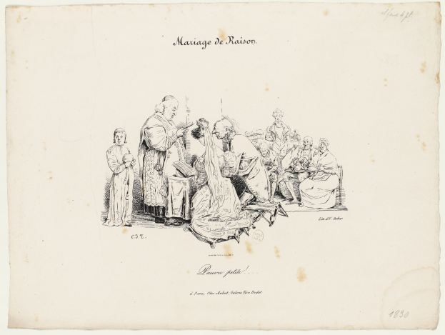 Ein altes Buch mit einer Zeichnung einer Gruppe von Menschen, die um einen Tisch sitzen, mit Text, der wahrscheinlich die Heirat von Raison beschreibt.