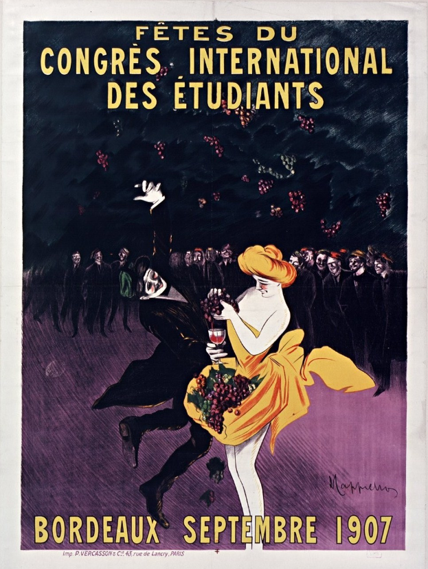 Plakat aus dem Jahr 1907 für eine Weinprobe in Bordeaux, Frankreich, das eine Frau in einem gelben Kleid zeigt, die ein Weinglas hält und von einer Gruppe Menschen umgeben ist.