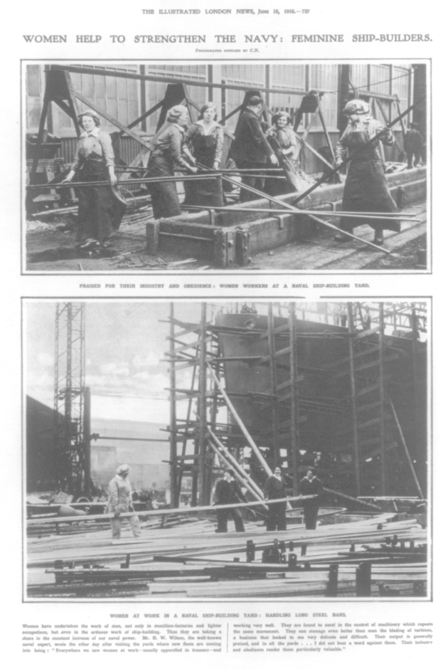 Schwarzes und weißes Foto von Frauen, die auf einem Schiff arbeiten, umgeben von Metallstangen und anderen Gegenständen, mit Text oben und unten, der lautet "Frauen stärken die Marine Feminine Schiffbauer".