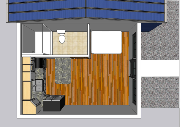 Grundriss eines Tiny-Hauses mit Küche und Wohnbereich, einschließlich Toilettensitz, Spüle, Schränken und anderen Einrichtungsgegenständen.