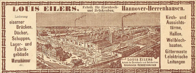 Eine alte Werbung für die Louis Eilers Hannover-Herrenhausen-Fabrik, die ein Fabrikgebäude mit Text darauf zeigt.
