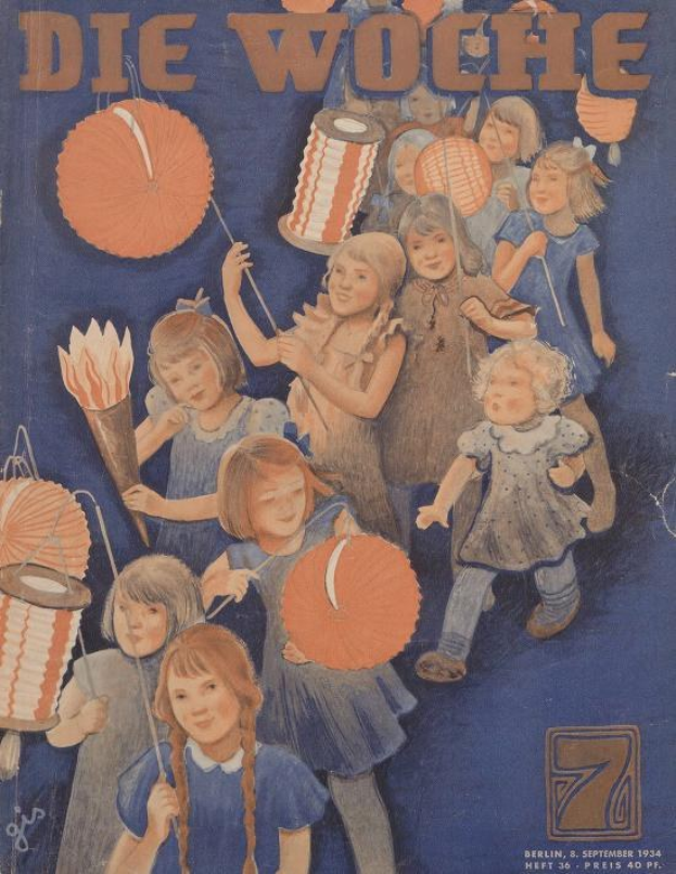 Titelbild der 'Die Woche' Zeitschrift mit Kindern in traditioneller deutscher Kleidung, die bunte Papierlaternen halten und den 7. September 1934 feiern, mit der Aufschrift 'Die Woche' und 'Frohes neues Jahr.'