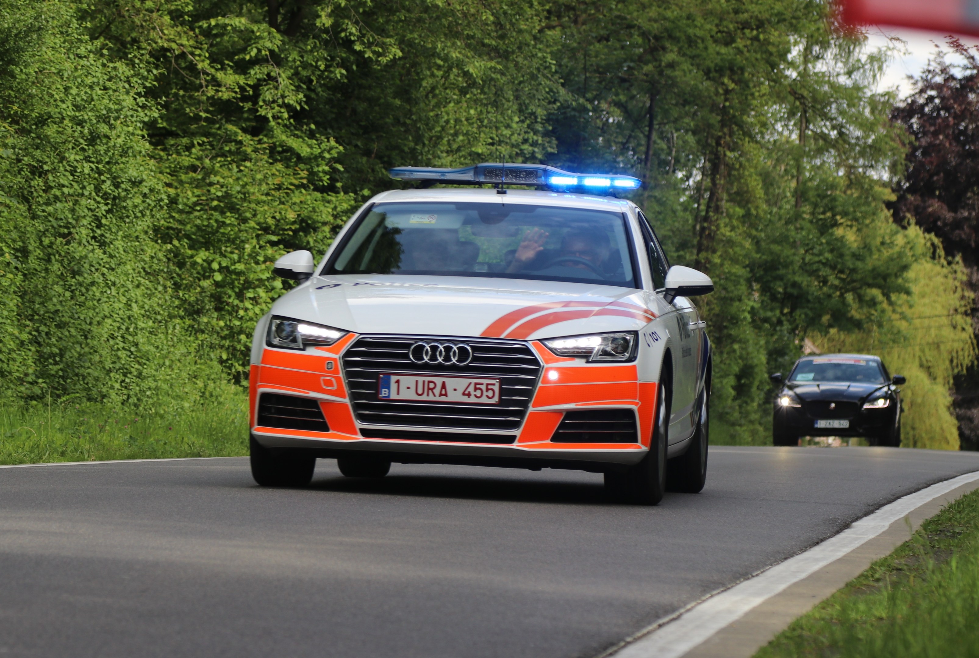 Ein Polizei-Audi A4 mit zwei Insassen fährt auf einem grasbewachsenen Weg neben einem Wald unter einem klaren blauen Himmel.