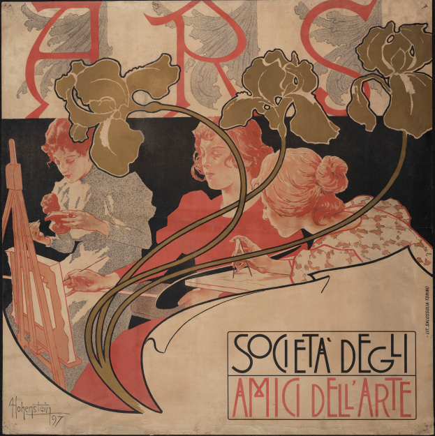 Ein Plakat, das die Gesellschaft der Kunst von Alphonse Mucha ankündigt, zeigt eine farbenfrohe Illustration von drei einzigartig gestalteten Personen auf einem hellgelben Hintergrund mit fetter schwarzer Schrift, die "Gesellschaft der Kunst" lautet.