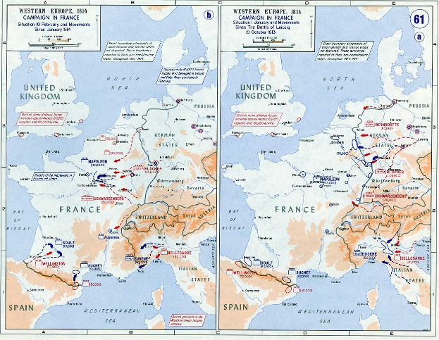 Eine historische Poster-Karte von Europa während der Schlacht von Leipzig, unterteilt in Abschnitte für Europa und Frankreich, mit Text und Zahlen, die das Ausmaß des Konflikts und geografische Details angeben.