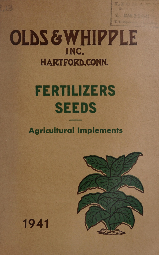 Alter Buchumschlag mit der Aufschrift "Düngemittel Saatgut Landwirtschaftliche Geräte 1941" mit einer Illustration einer grünen Pflanze mit Blättern und Stielen, umgeben von weißem Text auf dunklem Hintergrund.