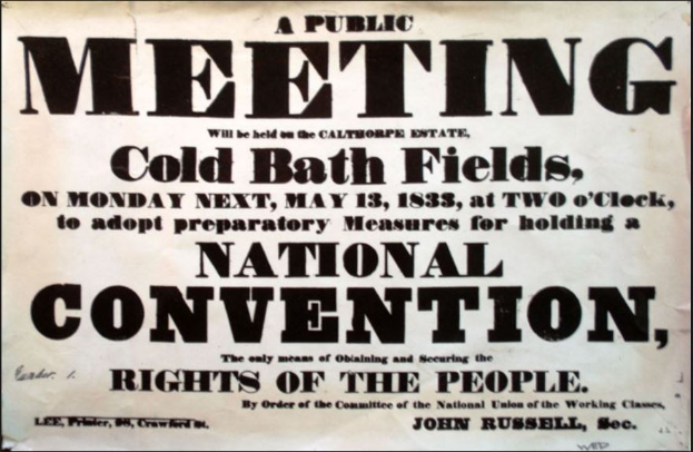 Schwarzer und weißer Plakataufkleber, der eine öffentliche Versammlung mit dem Titel 'Nationalkonvent, Rechte des Volkes' ankündigt, die auf den Cold Bath Fields stattfindet.