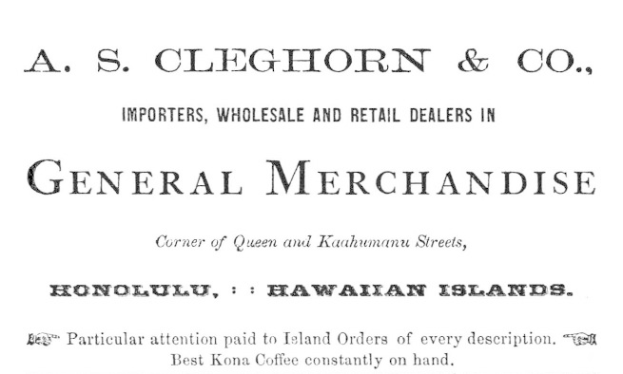 Schwarzer und weißer Papierbogen mit dem Text "A.S. Cleghorn & Co. Importeure, Groß- und Einzelhandelsgeschäft für allgemeine Handelswaren."