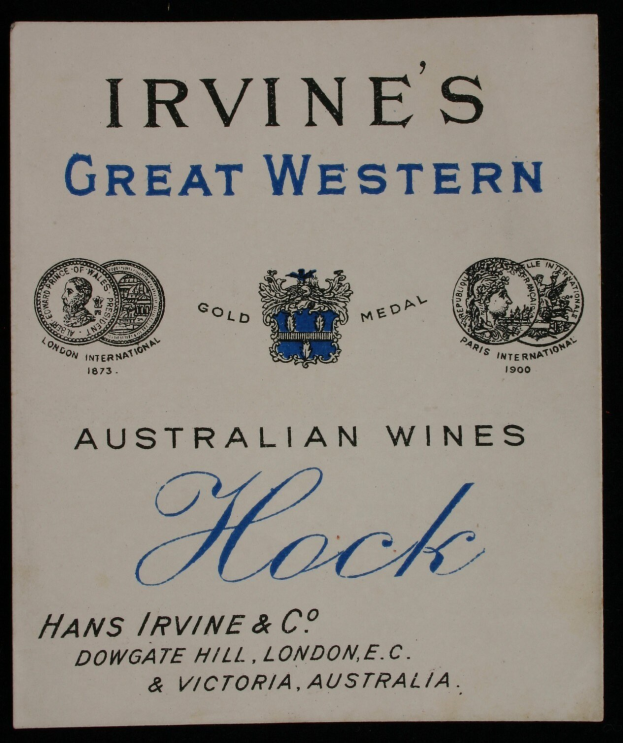 Plakat, das Irvine's Great Western Australian Wines Hock mit Firmenlogos und Text, der die Weinsorten angibt, bewirbt.