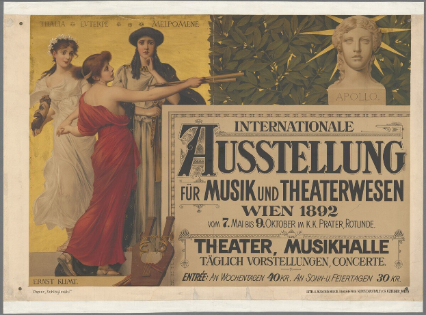 Ein Vintage-Plakat f├╝r ein Ereignis in Wien, ├ľsterreich, das eine Gruppe von Menschen in einem Kreis mit einer Frau in der Mitte, die ein Musikinstrument h├Ąlt, und Text mit Ereignisdaten zeigt.