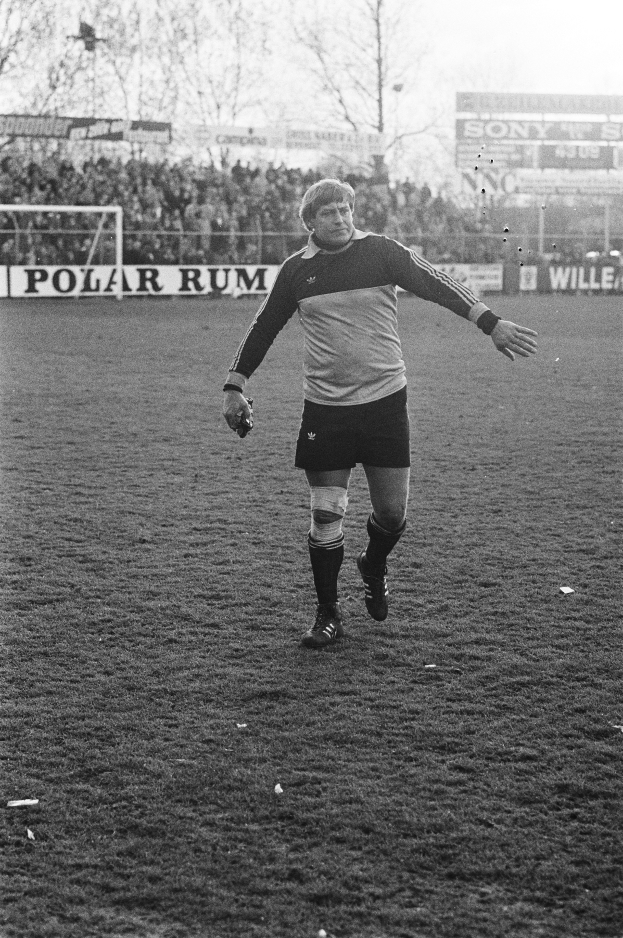 Ein Mann in Fußballkleidung steht auf einem Feld umgeben von einer Menge, Torpfosten, Planken und Bäumen unter einem klaren Himmel.