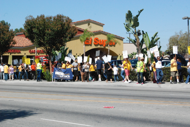 Eine Gruppe von Menschen mit Schildern, die gehen, mit Bäumen, Büschen, einem Banner, einem Gebäude mit Namenschildern, Autos und aktuellen Umfragen im Hintergrund.