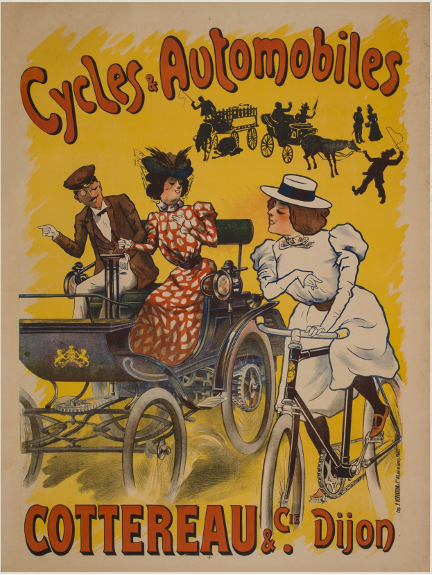 Ein Vintage-Plakat wirbt für Fahrräder und Automobile in Cottereau und Dijon, Frankreich, mit Menschen, die Fahrräder fahren und eine Kutsche mit dem Text "Fahrräder und Automobile" oben.