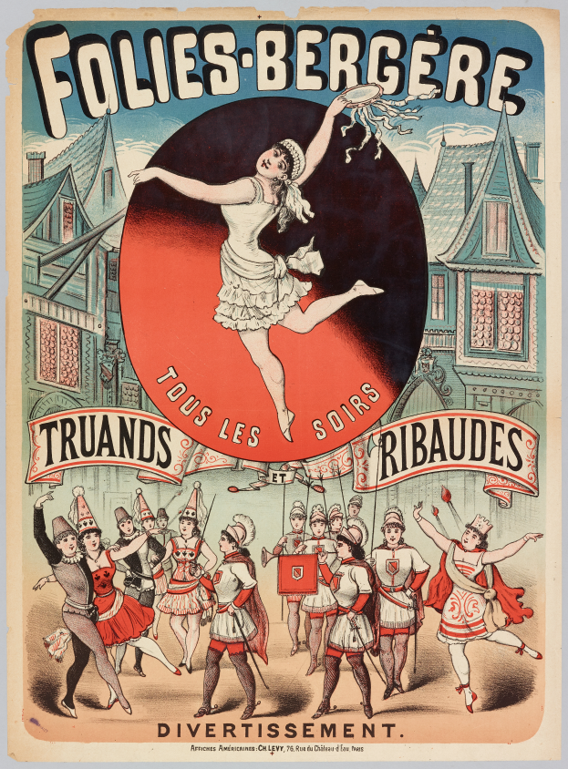 Ein Plakat, das ein Tanzshow in Paris ankündigt, zeigt eine Gruppe von Menschen, die im Vordergrund tanzen, mit Gebäuden im Hintergrund und beschreibendem Text.