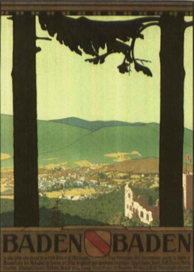 Ein Vogel auf einem Baumast mit Gebäuden und Hügeln im Hintergrund, unter einem klaren blauen Himmel, mit Text, der Baden-Württemberg, Deutschland, bewirbt.