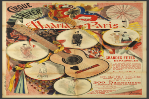 Konzertplakat in Madrid, Spanien mit einem zentralen Gitarrenbild umgeben von Fotos von Darstellern und Veranstaltungseinzelheiten.