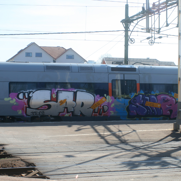 Graffitibedeckter Zug mit sichtbaren Kabeln, H├Ąuser mit Fenstern im Hintergrund.