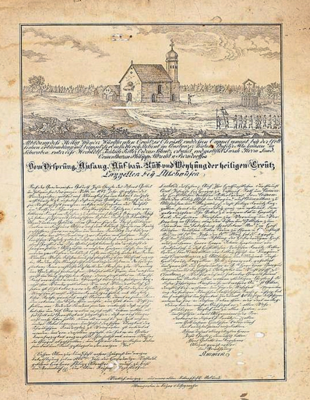 Ein historisches Dokument mit einer Zeichnung einer Kirche, die von B√§umen umgeben ist und unter einem klaren blauen Himmel steht, mit Text aus der ersten Fassung der deutschen Verfassung.