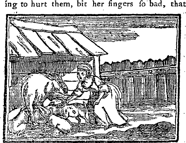 Eine Schwarz-Weiß-Zeichnung einer Frau, die neben einem Hund auf dem Boden sitzt, mit einer Hütte im Hintergrund und Text oben und unten, der lautet "Ing zu verletzen, biss ihre Finger zu böse, das".