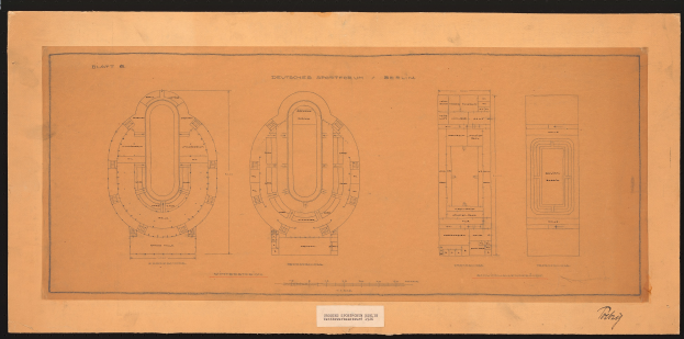 Eine Schwarz-Weiß-Zeichnung des Deutschen Sportforums in Berlin, einschließlich eines detaillierten Grundrisses und beschreibendem Text.