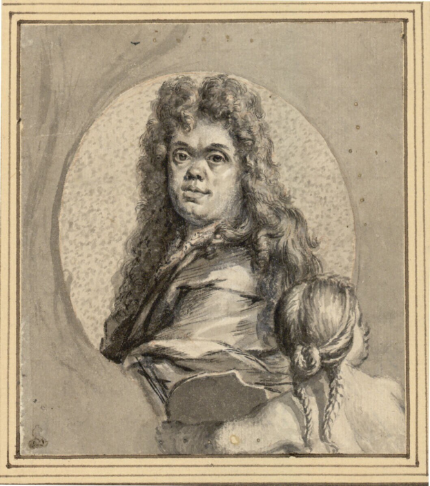 Porträt eines Mannes mit langen Haaren und ernstem Gesichtsausdruck, der nach vorne schaut, neben einer Frau mit sanftem Gesichtsausdruck, die ein Kind hält, beide schauen direkt in die Kamera.