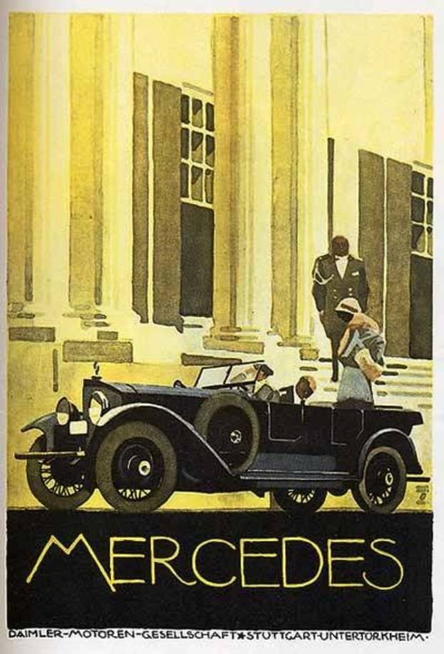Vintage-Mercedes-Benz-Plakat aus den 1920er Jahren mit einem klassischen Auto mit zwei Insassen, das vor einem modernen Glasgeb├Ąude geparkt ist, mit 'Mercedes-Benz'-Text unten.
