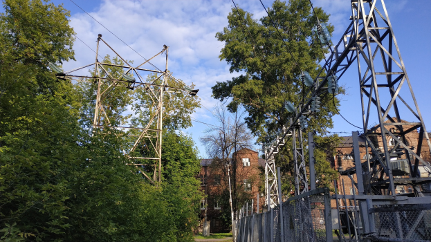 Gro├če Strommast mit mehreren Dr├Ąhten und Stützen, die durch einen bewaldeten Bereich verlaufen, mit im Hintergrund sichtbaren Geb├Ąuden unter einem bew├Âlktem Himmel.