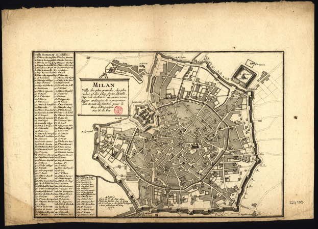 Ein altes Stadtplan von Mailand, Italien, auf einem schwarzen Hintergrund, der Straßen, Gebäude und Sehenswürdigkeiten im Detail zeigt.
